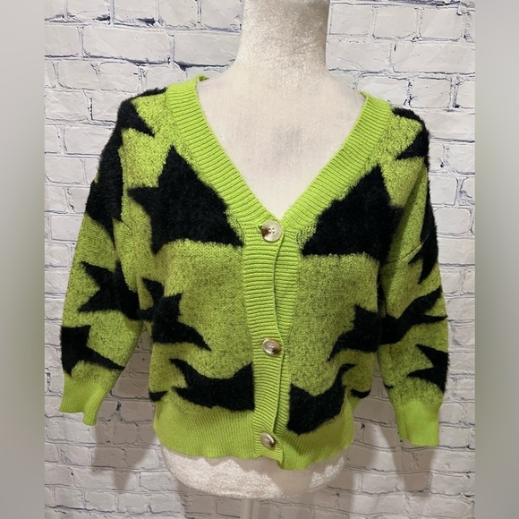 Shein Slaydiva Star Pattern Fluorescent Green Cardigan Small 3 Button - Picture 1 of 5
